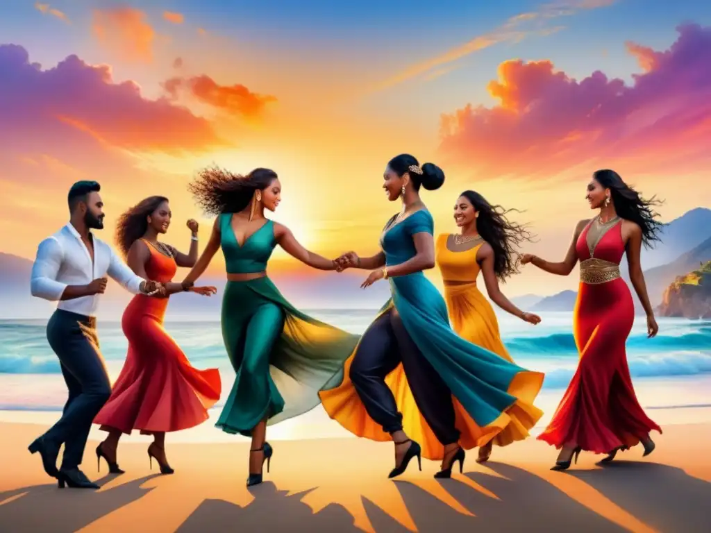 Una pintura detallada en acuarela que muestra a personas de diferentes culturas bailando apasionadamente, simbolizando la diversidad y el significado de la danza como expresión