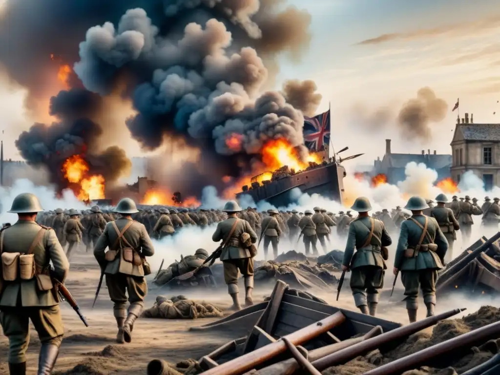 Pintura detallada en acuarela de la Primera Guerra Mundial, reflejando la influencia en el arte moderno