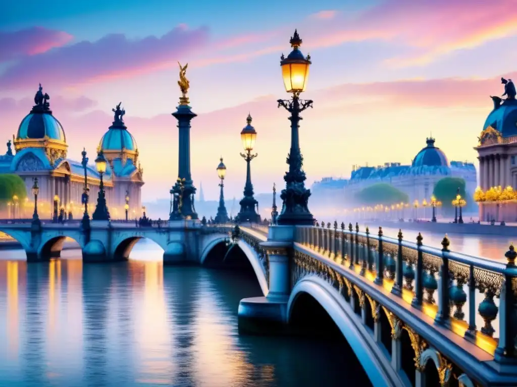 Pintura detallada en acuarela del icónico Pont Alexandre III en París, reflejado en el río Sena al atardecer