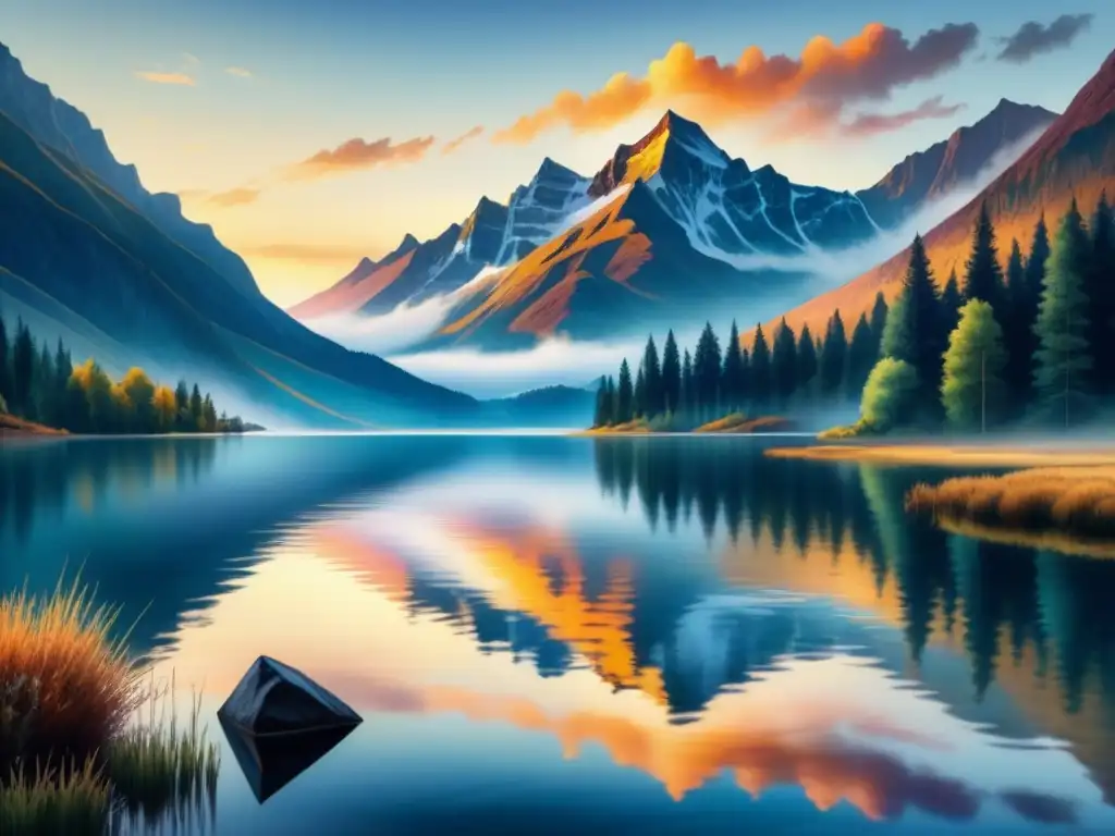 Una pintura detallada en acuarela de un sereno lago al atardecer, reflejando una majestuosa cordillera