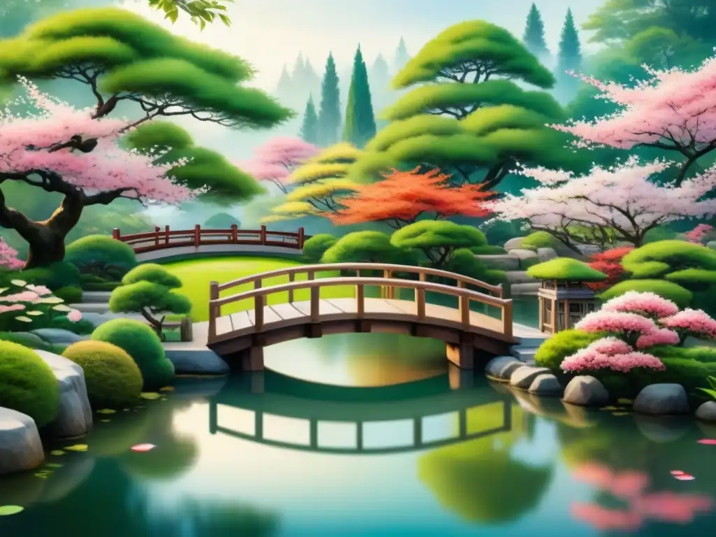 Pintura detallada en acuarela de un sereno jardín japonés con un puente de madera sobre un estanque lleno de peces koi coloridos