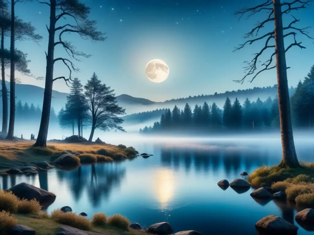 Pintura detallada en acuarela de un sereno paisaje nocturno bajo la luna llena, dibujando escenas nocturnas bajo luna