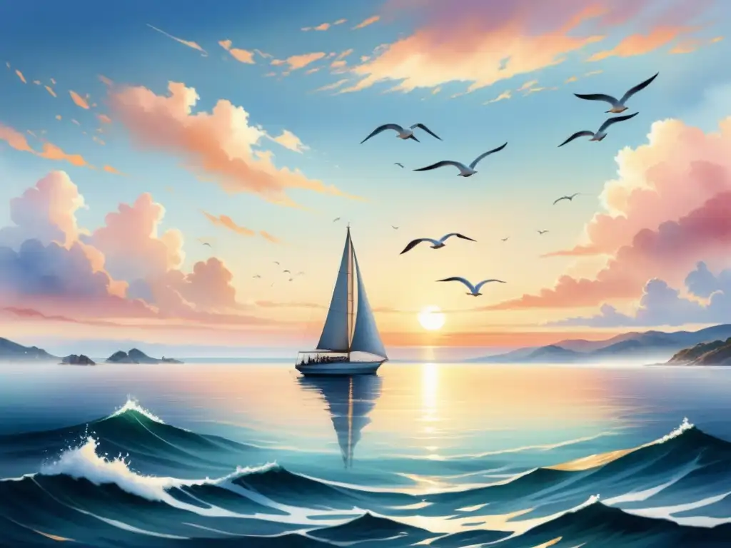 Una pintura detallada de acuarela de un sereno atardecer en el mar, con tonos pastel en el cielo y reflejos en el agua tranquila