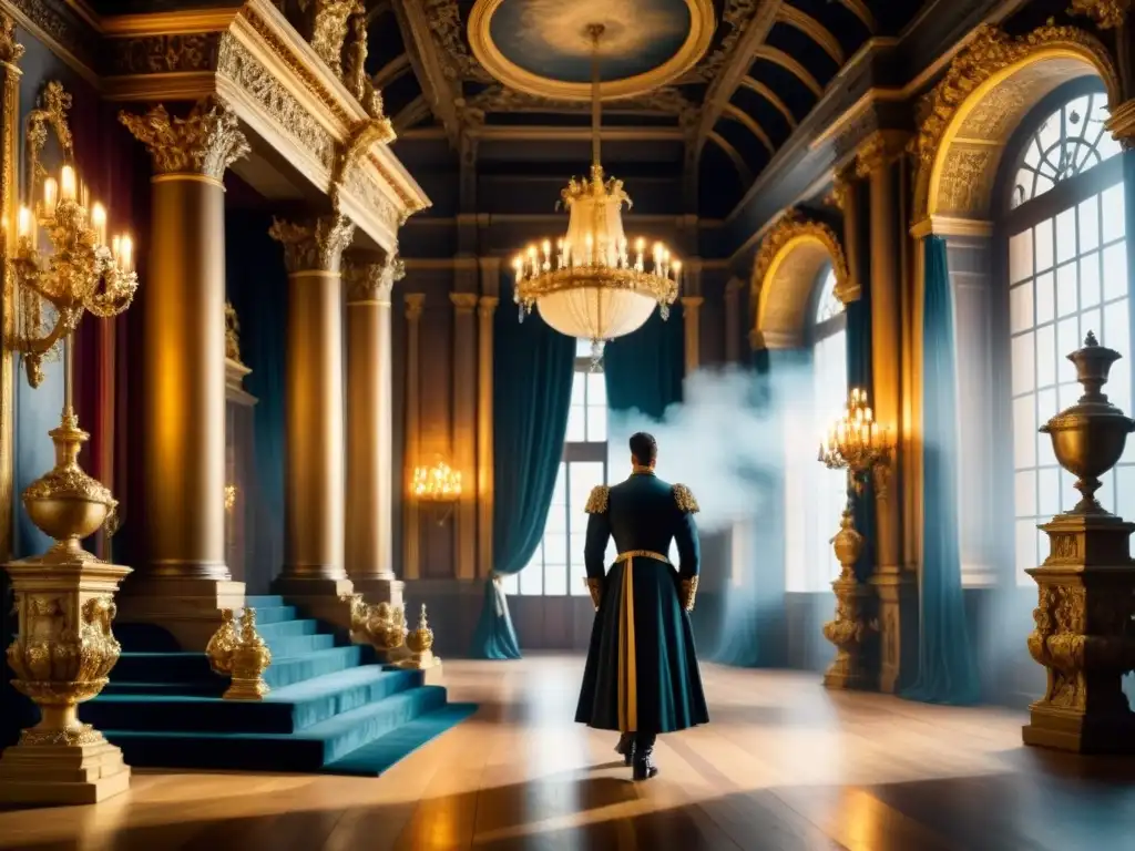 Pintura detallada en acuarela de un set barroco de cine, con arquitectura dorada y esculturas ornamentales iluminadas por velas