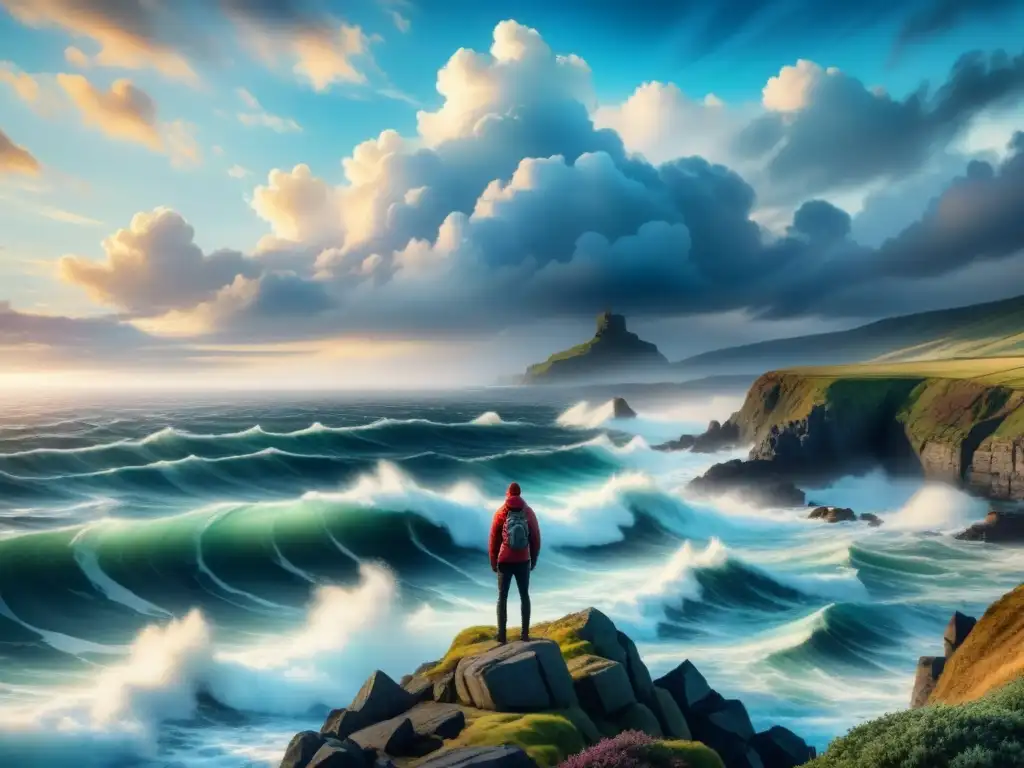 Pintura detallada en acuarela: figura solitaria en acantilado rocoso, contemplando mar turbulento bajo cielo dramático