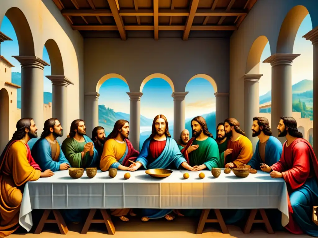 Emociones en 'La Última Cena' de Da Vinci: luz y sentimiento en acuarela Una pintura detallada en acuarela de 'La última cena' de Leonardo da Vinci, destacando la luz y emoción en el arte visual del Renacimiento