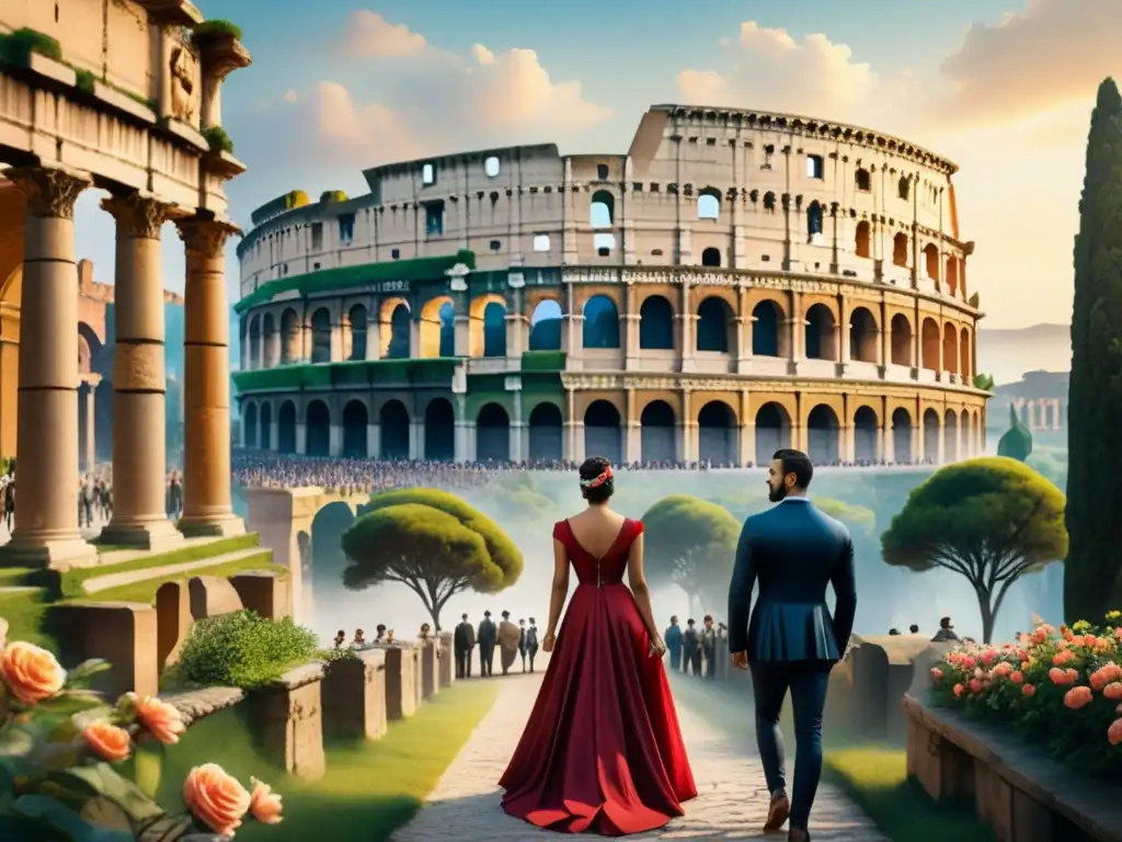 Una pintura detallada en acuarela que muestra a viajeros elegantes admirando las ruinas romanas, con el Coliseo de fondo