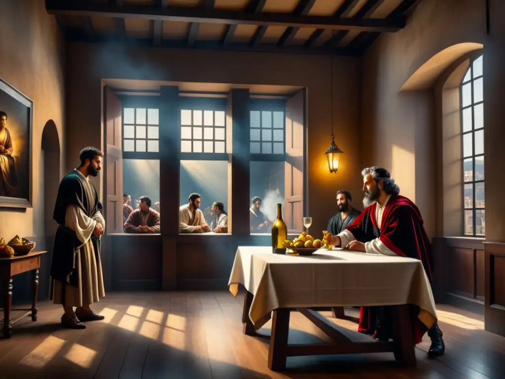 Una pintura detallada en acuarela de 'La vocación de San Mateo' de Caravaggio, destacando el juego de luz y sombra en una taberna