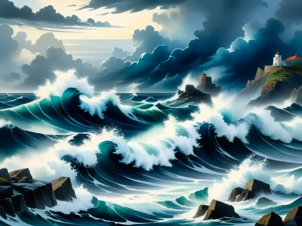 Pintura detallada de agua agitada bajo un cielo dramático, olas oscuras chocando contra rocas, capturando el significado simbólico del mar