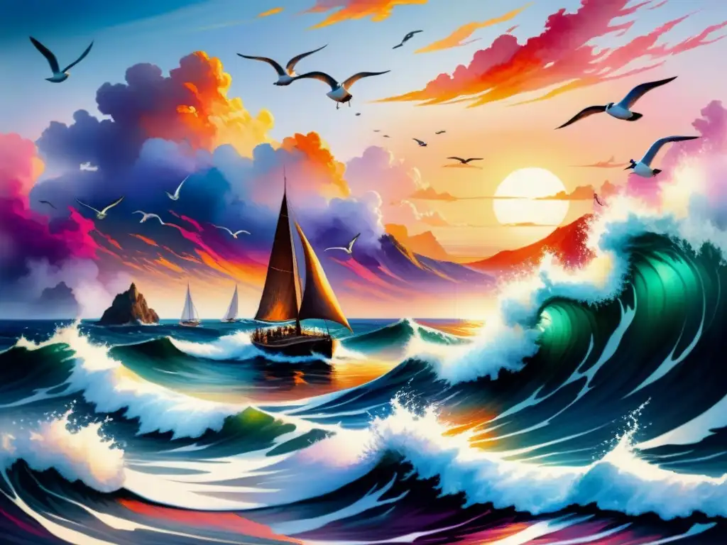 Pintura detallada al agua de un atardecer majestuoso sobre un mar turbulento, con tonos vibrantes de naranja, rosa y morado reflejándose en las olas