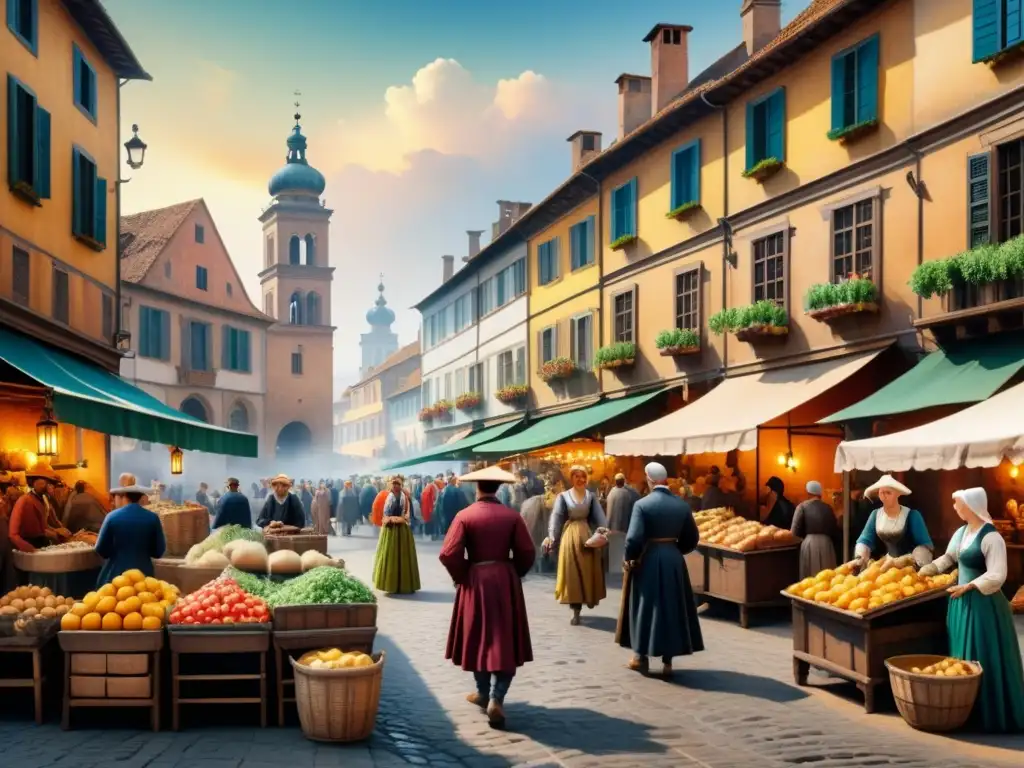 Pintura detallada al agua de un bullicioso mercado del siglo XVI en una ciudad europea, evocando el Manierismo arte siglo XVI