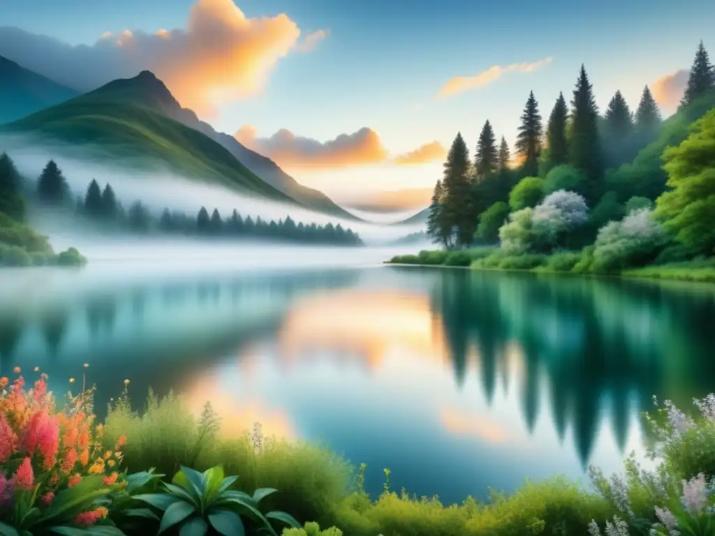 Pintura detallada al agua de un paisaje sereno al amanecer, reflejando colores pastel en un lago, rodeado de árboles y flores silvestres, con una luz etérea que crea armonía