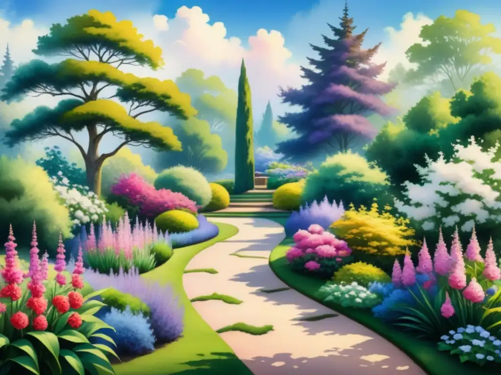 Un pintura detallada al agua de un sereno jardín impresionista, con colores vibrantes y flores en tonos rosas, morados y amarillos