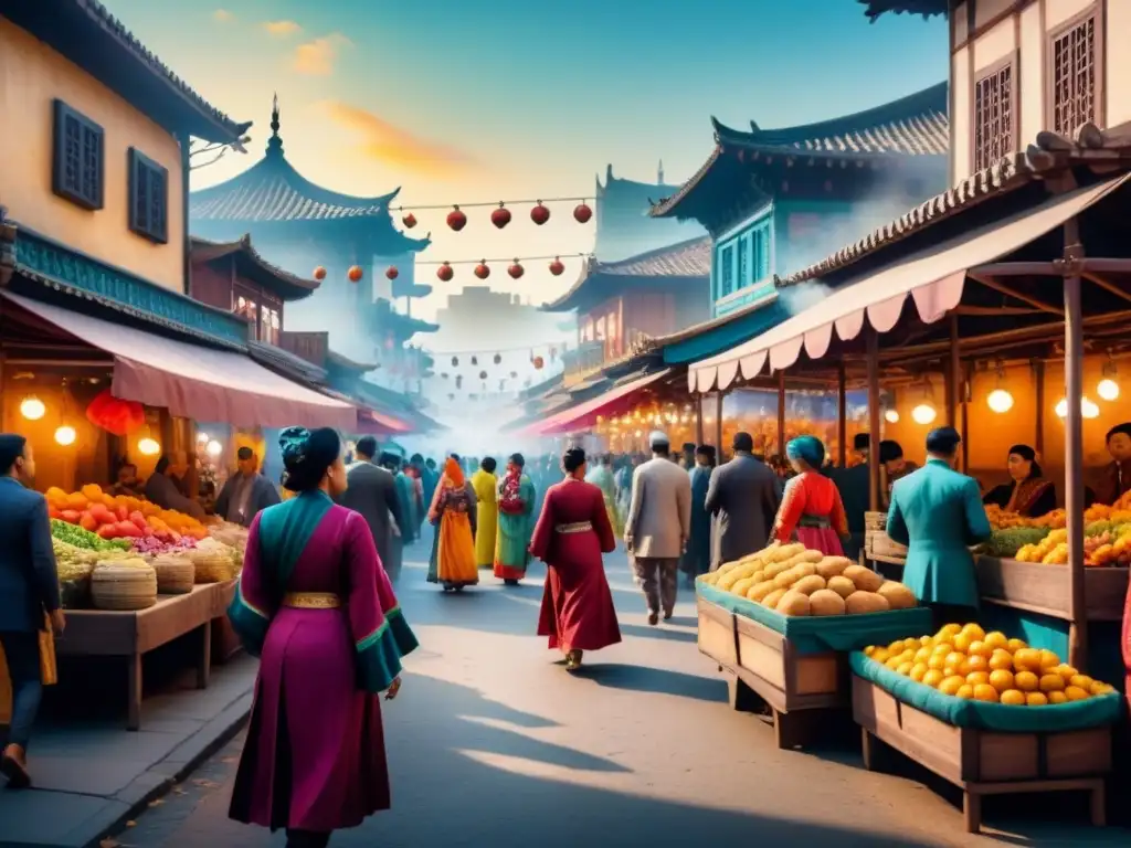 Pintura acuarela detallada de una animada ciudad donde culturas extranjeras influyen en el arte local, con mercado y desfile colorido