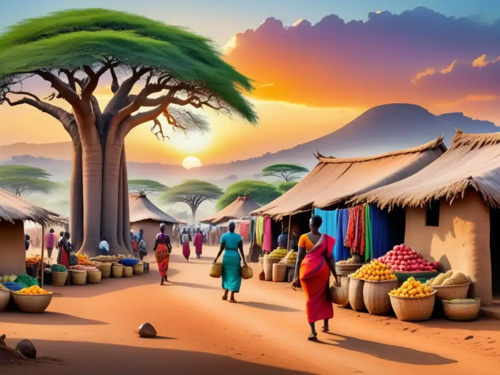 Pintura acuarela detallada de un animado mercado africano bajo un árbol baobab al atardecer