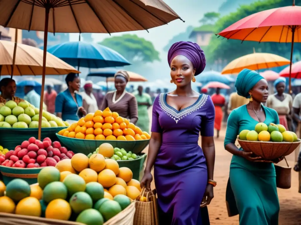 Una pintura acuarela detallada muestra un animado mercado africano con colores vibrantes y actividad