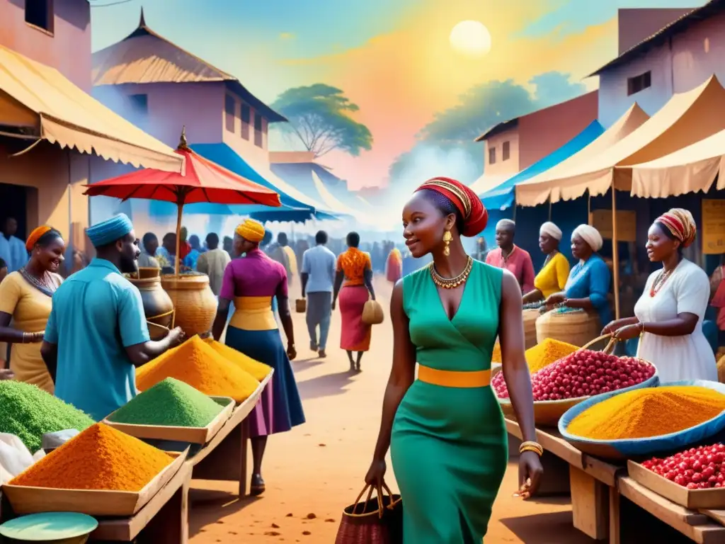 Pintura acuarela detallada de animado mercado africano