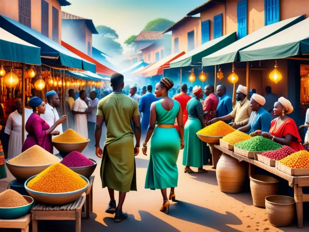 Pintura detallada de un animado mercado africano, capturando la intersección cultural del arte visual africano en una escena vibrante