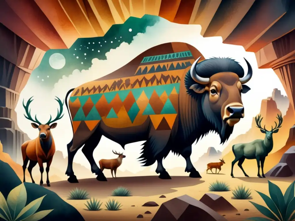 Arte rupestre: Majestuosos animales antiguos en acuarela Pintura detallada de animales antiguos en arte rupestre con simbolismo y colores cálidos