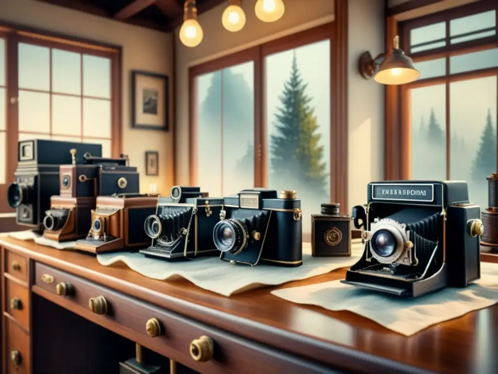 Pintura acuarela detallada de una antigua sala oscura con cámaras y químicos, evocando procesos antiguos fotografía analógica