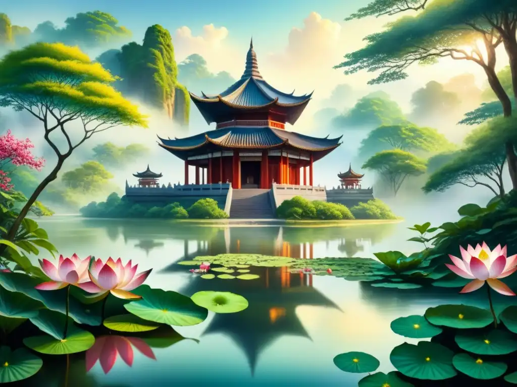 Pintura detallada de un antiguo templo rodeado de naturaleza exuberante, reflejado en un estanque sereno