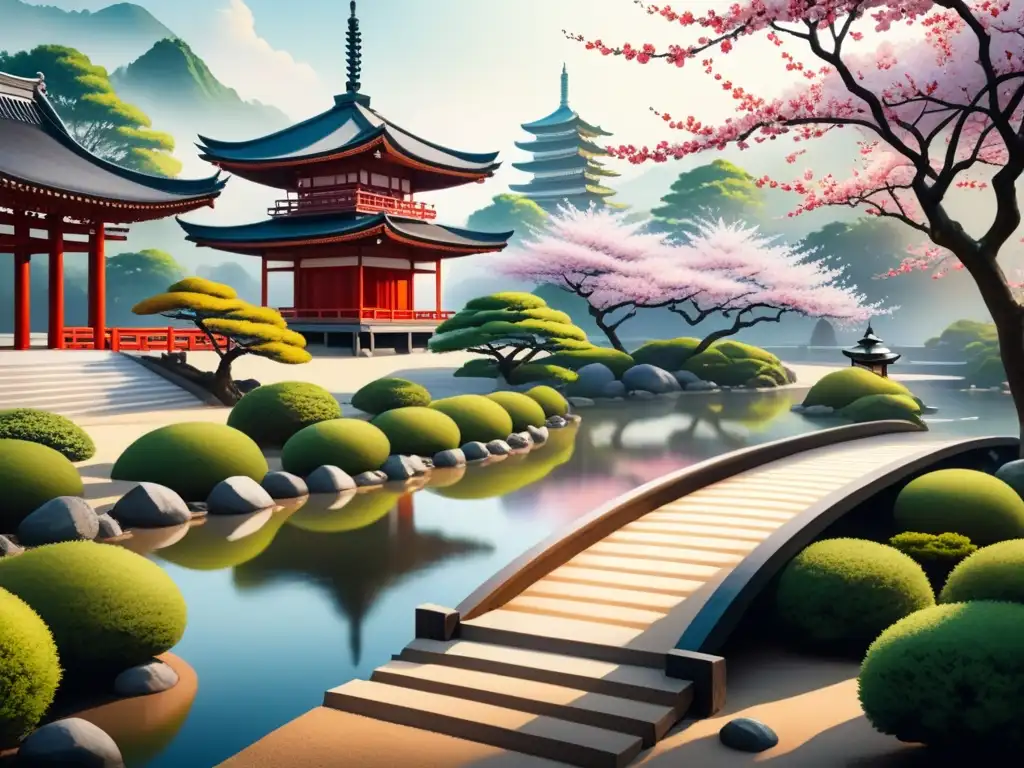 Pintura detallada de un apacible jardín Zen japonés, con caminos de grava, puentes arqueados, cerezos en flor y una pagoda entre frondosa vegetación