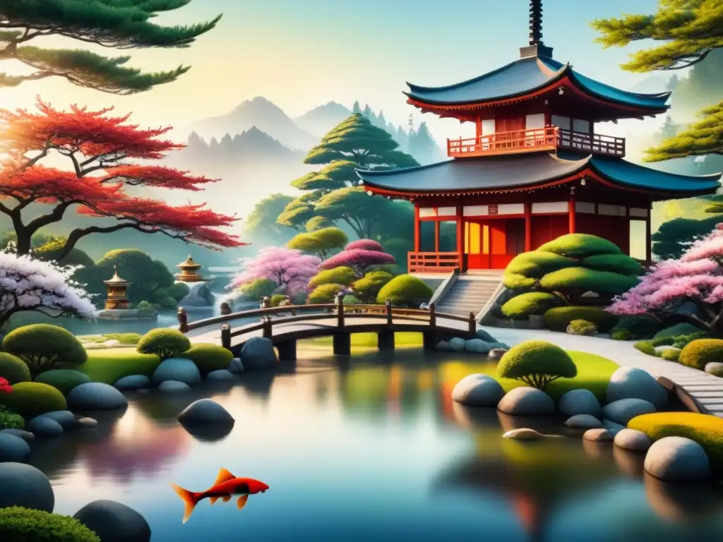 Pintura detallada de un apacible jardín japonés con flores coloridas, arroyo con peces koi y pagoda de madera