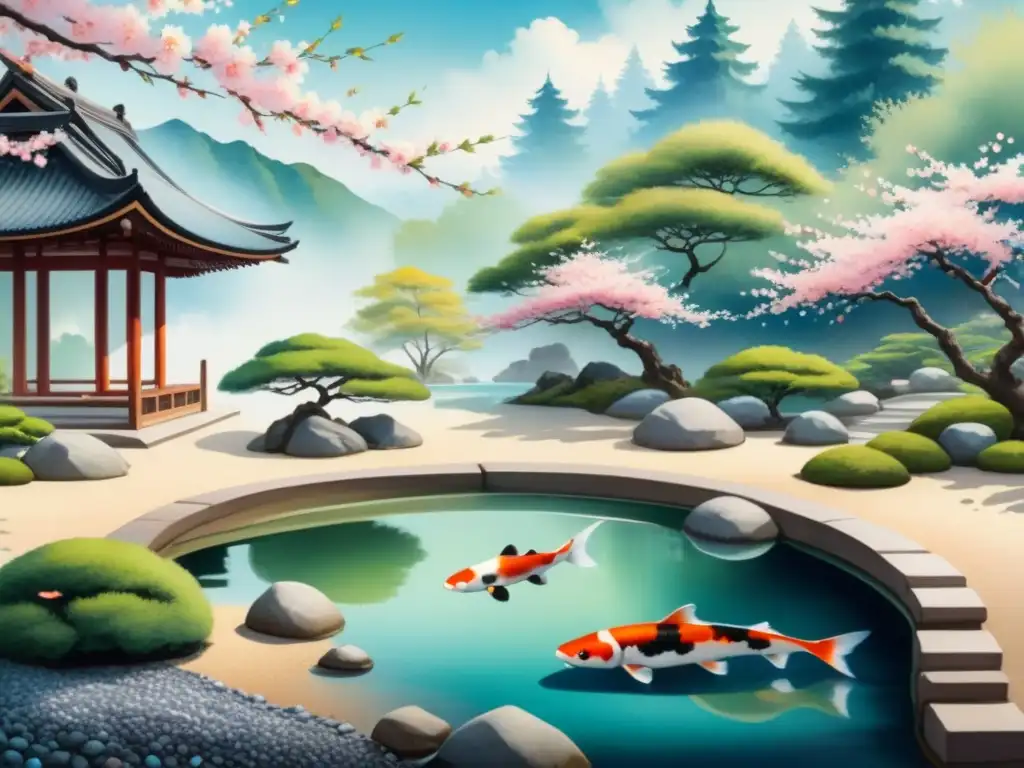 Pintura detallada de un apacible jardín Zen japonés con patrones de grava, cerezos en flor y peces koi en un estanque