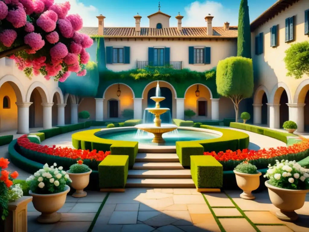 Pintura detallada de un apacible jardín renacentista italiano, con exuberante vegetación, flores coloridas y una fuente serena en el centro