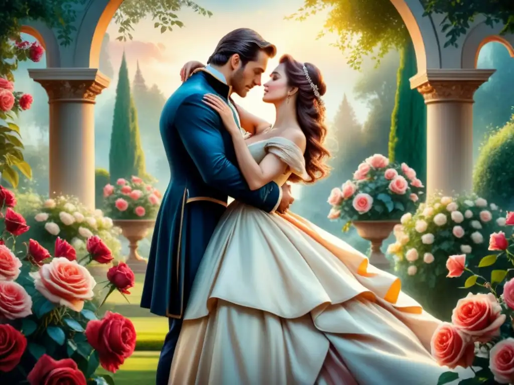 Pintura detallada de una apasionada pareja abrazada en un jardín romántico, evocando historias de pasión, romanticismo y arte