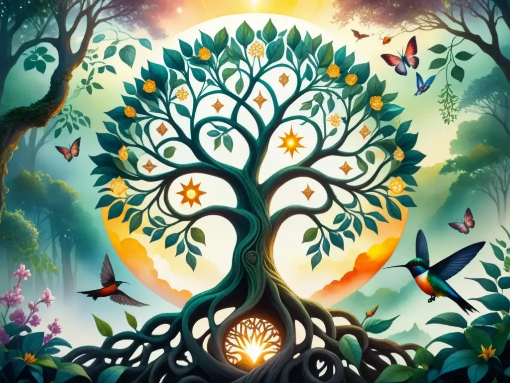 Pintura acuarela detallada de un árbol de la vida sagrado, símbolos celestiales y elementos espirituales