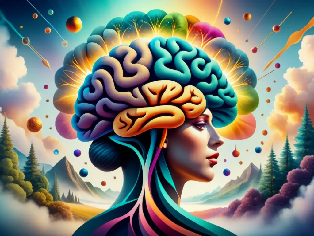 Pintura detallada que fusiona arte y ciencia, representando un cerebro humano rodeado de ADN y colores vibrantes