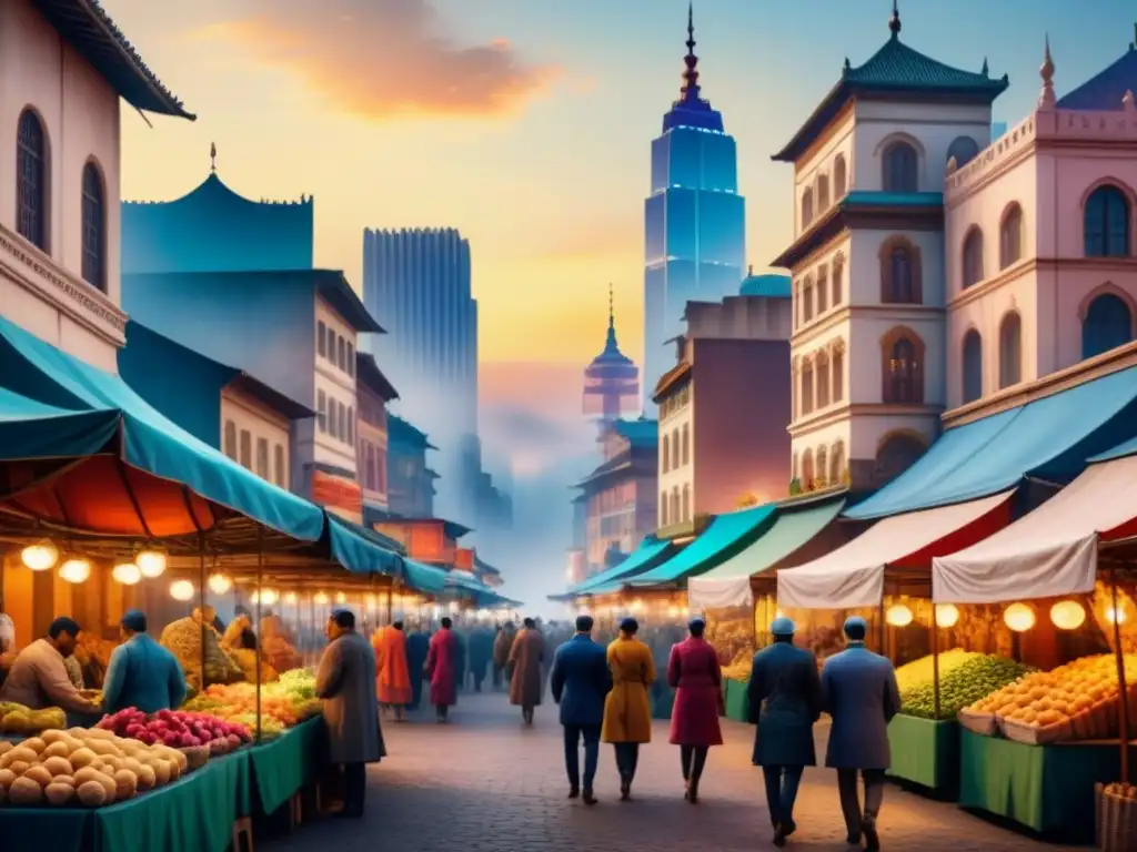 Pintura acuarela detallada: arte local y culturas extranjeras se fusionan en vibrante paisaje urbano