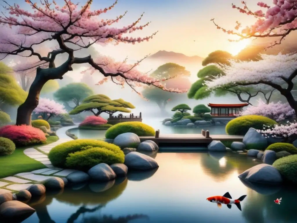 Pintura detallada de jardín oriental con aromaterapia en el Arte Oriental