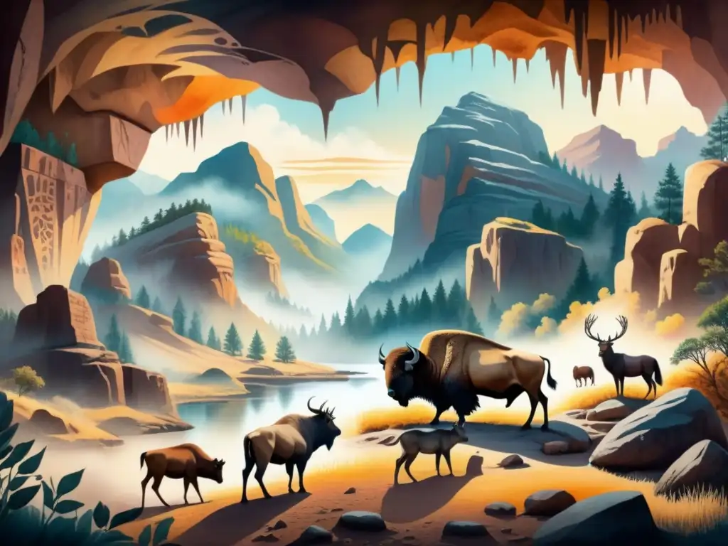 Arte rupestre vibrante: animales simbólicos en cueva ancestral Pintura acuarela detallada de arte rupestre con simbolismo de animales como bisontes, ciervos y lobos en una cueva mística