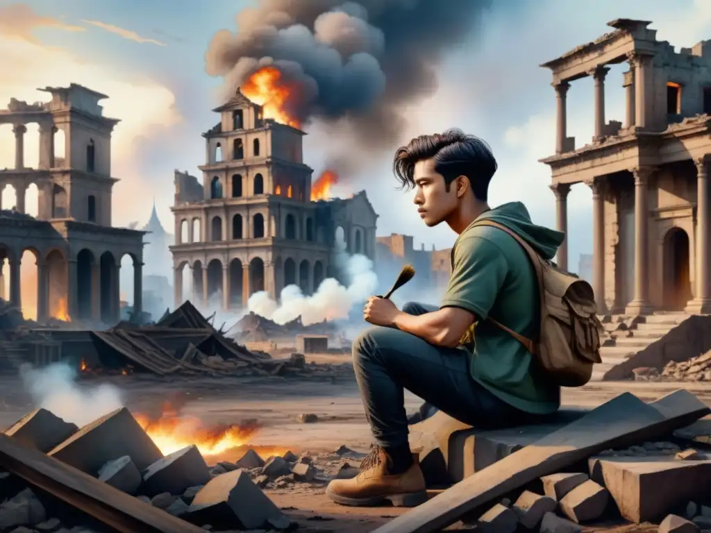 Pintura acuarela detallada en 8k: artista solitario entre ruinas, reflejando efectos psicológicos de la guerra en su creación artística