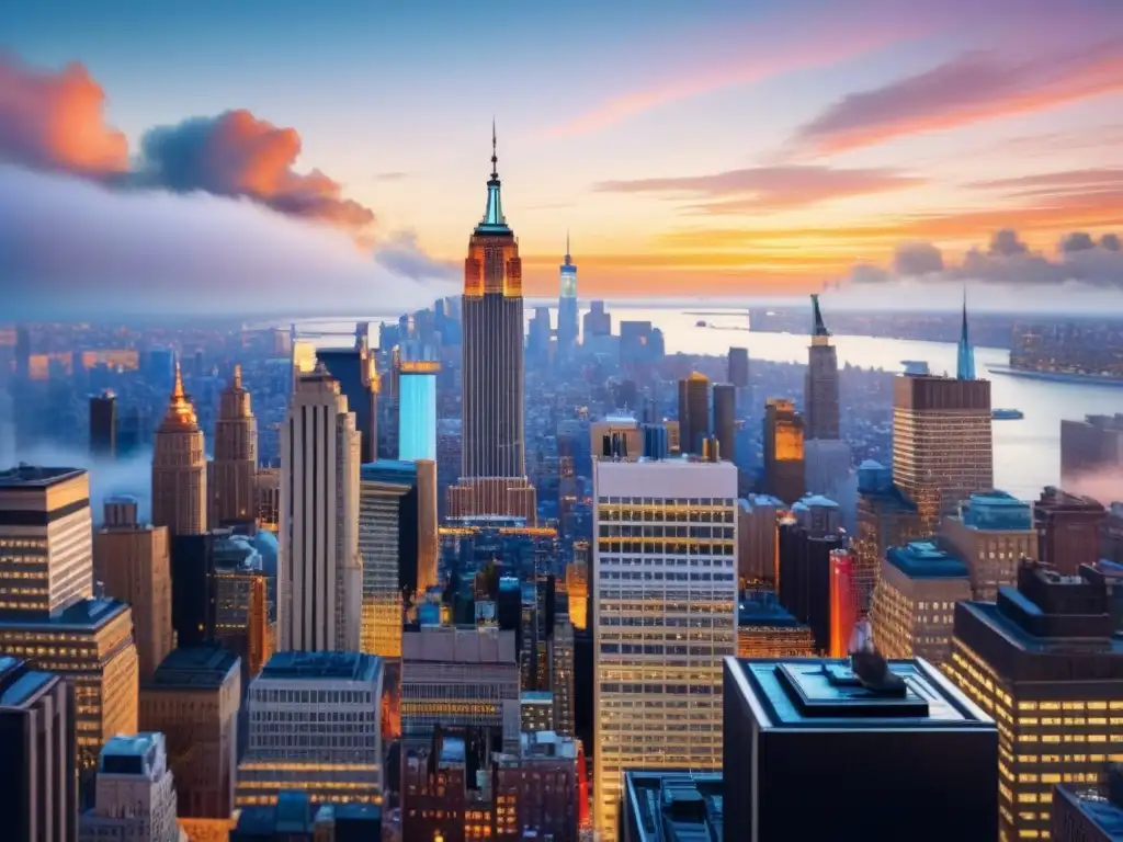 Pintura detallada de Nueva York al atardecer, con luces brillantes y paisajes icónicos