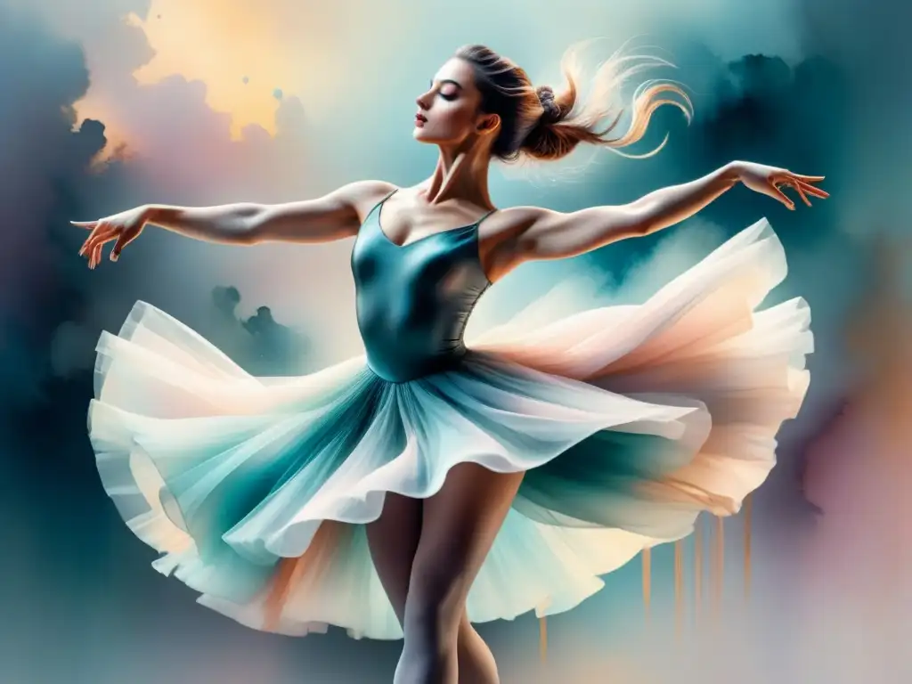 Una pintura acuarela detallada de una bailarina de ballet en un salto dinámico, con movimientos fluidos y colores pastel