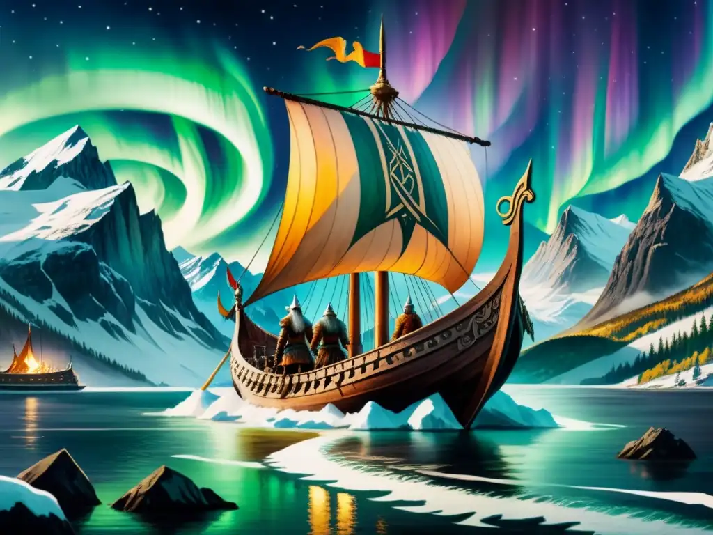 Pintura acuarela detallada de un barco vikingo bajo auroras boreales, rodeado de montañas nevadas y fiordos