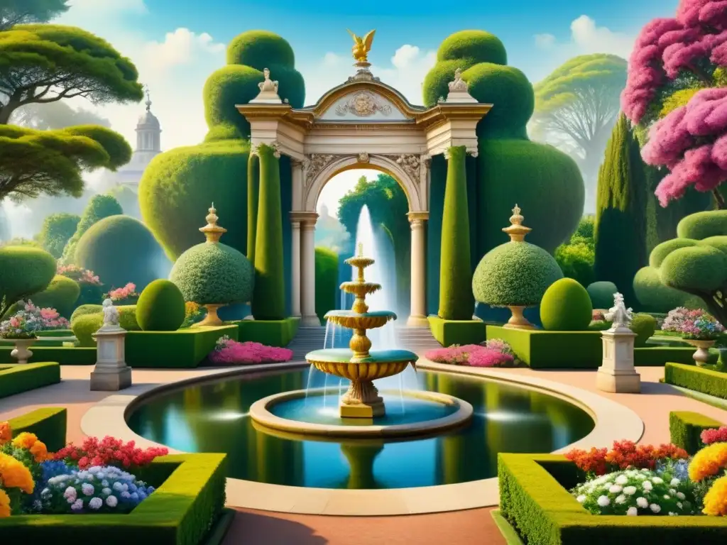 Pintura acuarela detallada de jardín barroco con fuente y mariposas Pintura detallada de un jardín barroco con patrones geométricos de flores y setos