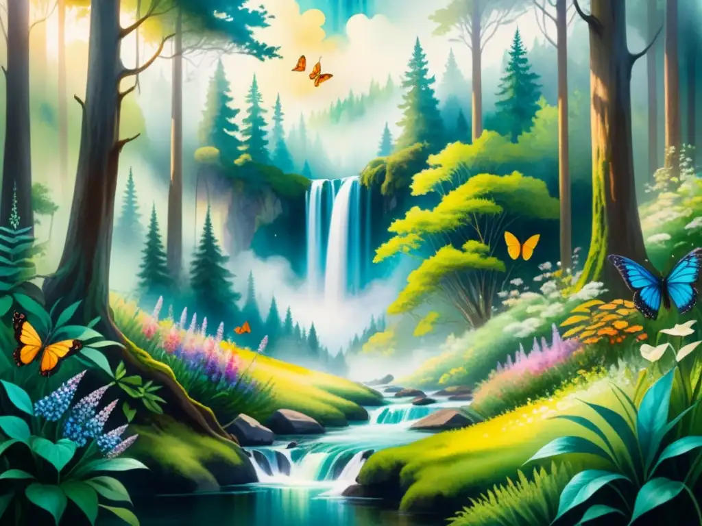 Pintura acuarela detallada de un bosque sereno con aura mística, cascada, mariposas, flores silvestres y sombras dappled