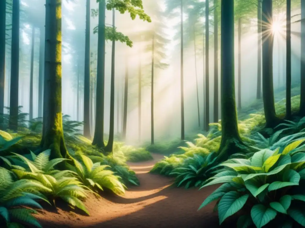 Pintura acuarela detallada de un bosque sereno Pintura detallada de un bosque sereno con tonos verdes, luz filtrándose entre ramas y sombras en el suelo