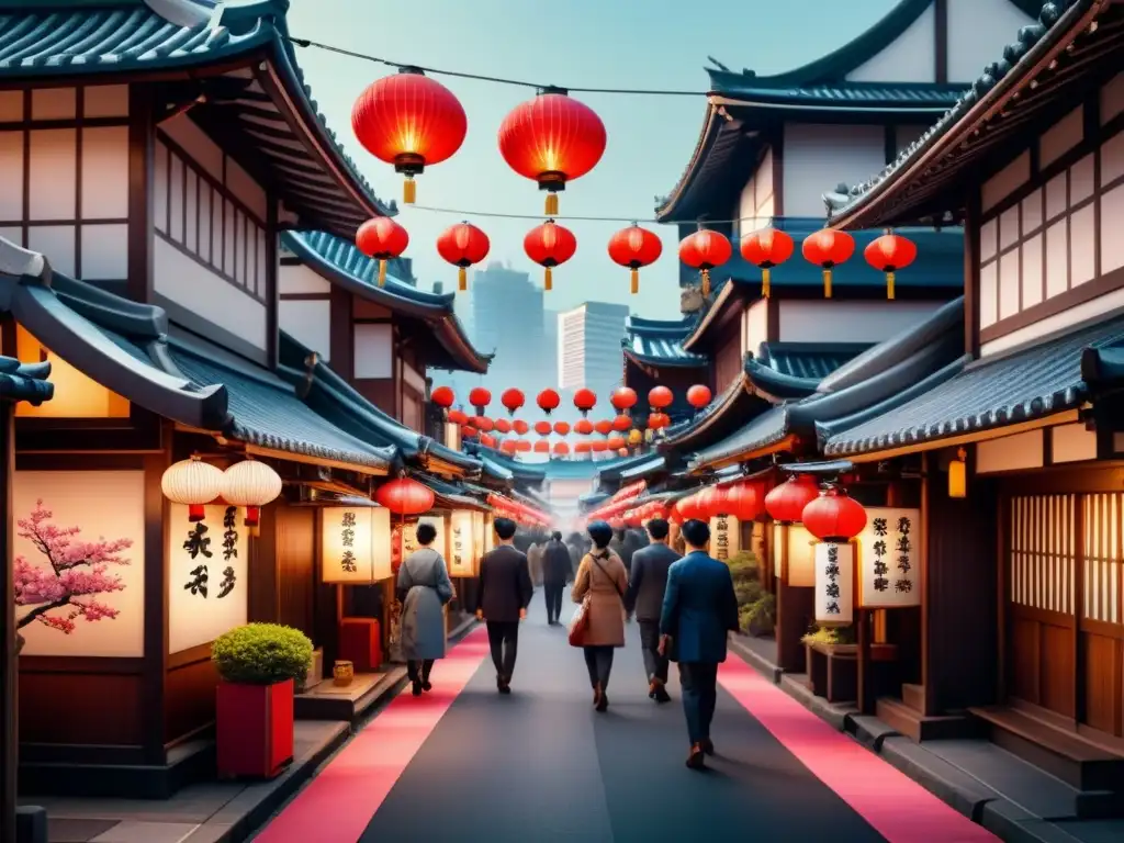 Pintura detallada de una bulliciosa calle en Tokio, Japón, con diseño gráfico en Asia