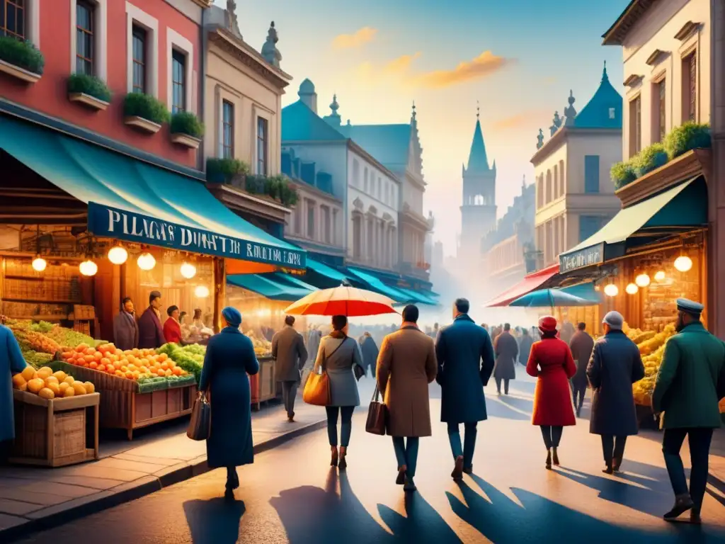 Escena urbana vibrante: acuarela detallada de la vida cotidiana Pintura detallada de una bulliciosa calle de la ciudad, capturando emociones e interacciones