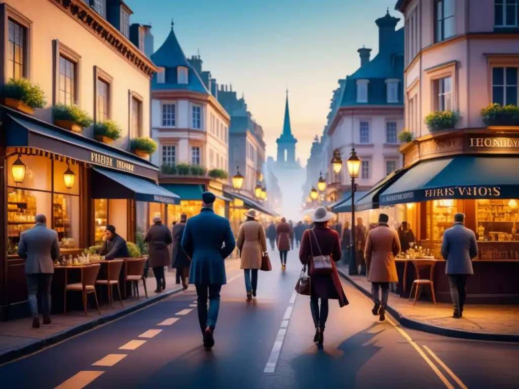 Pintura acuarela de ciudad al atardecer con luces cálidas y sombras largas Pintura acuarela detallada de una bulliciosa calle de ciudad al atardecer, con iluminación cálida