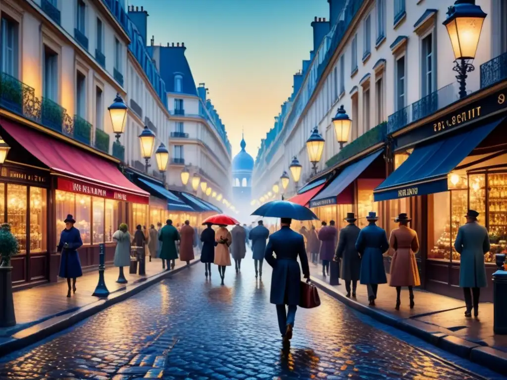 Paris nocturno: Calles iluminadas en la era Postimpresionista Pintura acuarela detallada de una bulliciosa calle parisina de noche en la era postimpresionista con luz artificial