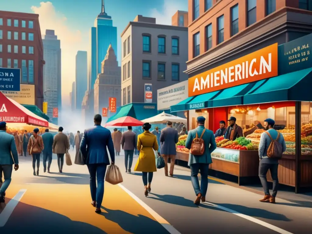 Pintura detallada de una bulliciosa calle de ciudad en Norteamérica