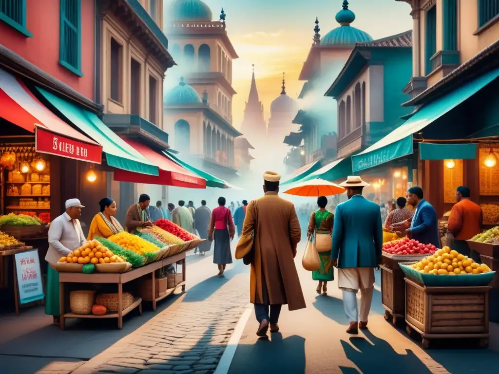 Arte urbano multicultural vibrante y detallado Una pintura acuarela detallada de una bulliciosa calle de la ciudad, con gente de diversas culturas y actividades