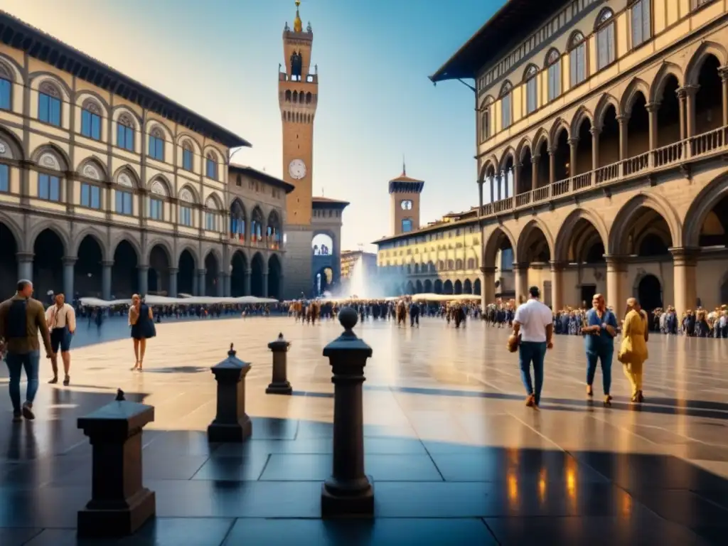 Pintura detallada de la bulliciosa Piazza della Signoria en Florencia, capturando la energía vibrante del lugar bajo el sol toscano