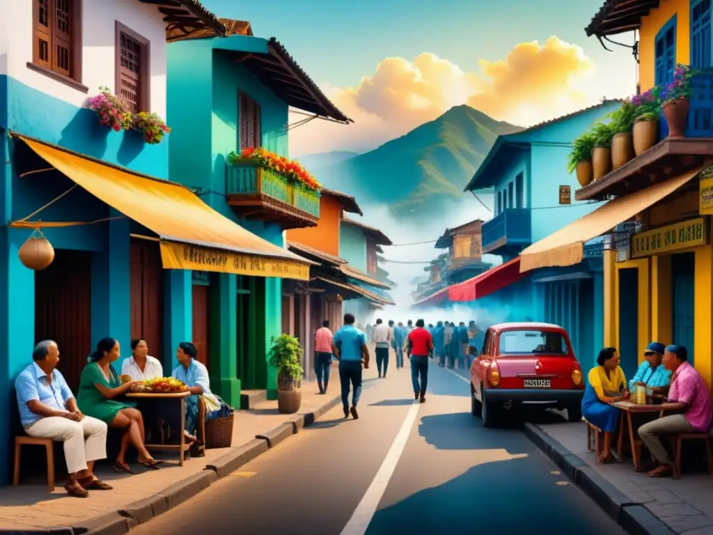 Pintura detallada de una bulliciosa escena callejera colombiana, reflejando la vida social y la crítica del arte en Colombia